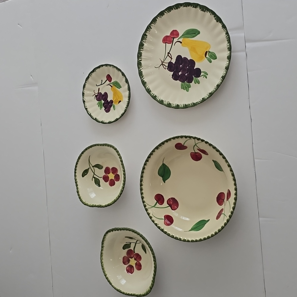 Vintage Set Of 5 Blue Ridge Hand Painted Underglaze Potteries Fruits Plate Bowl